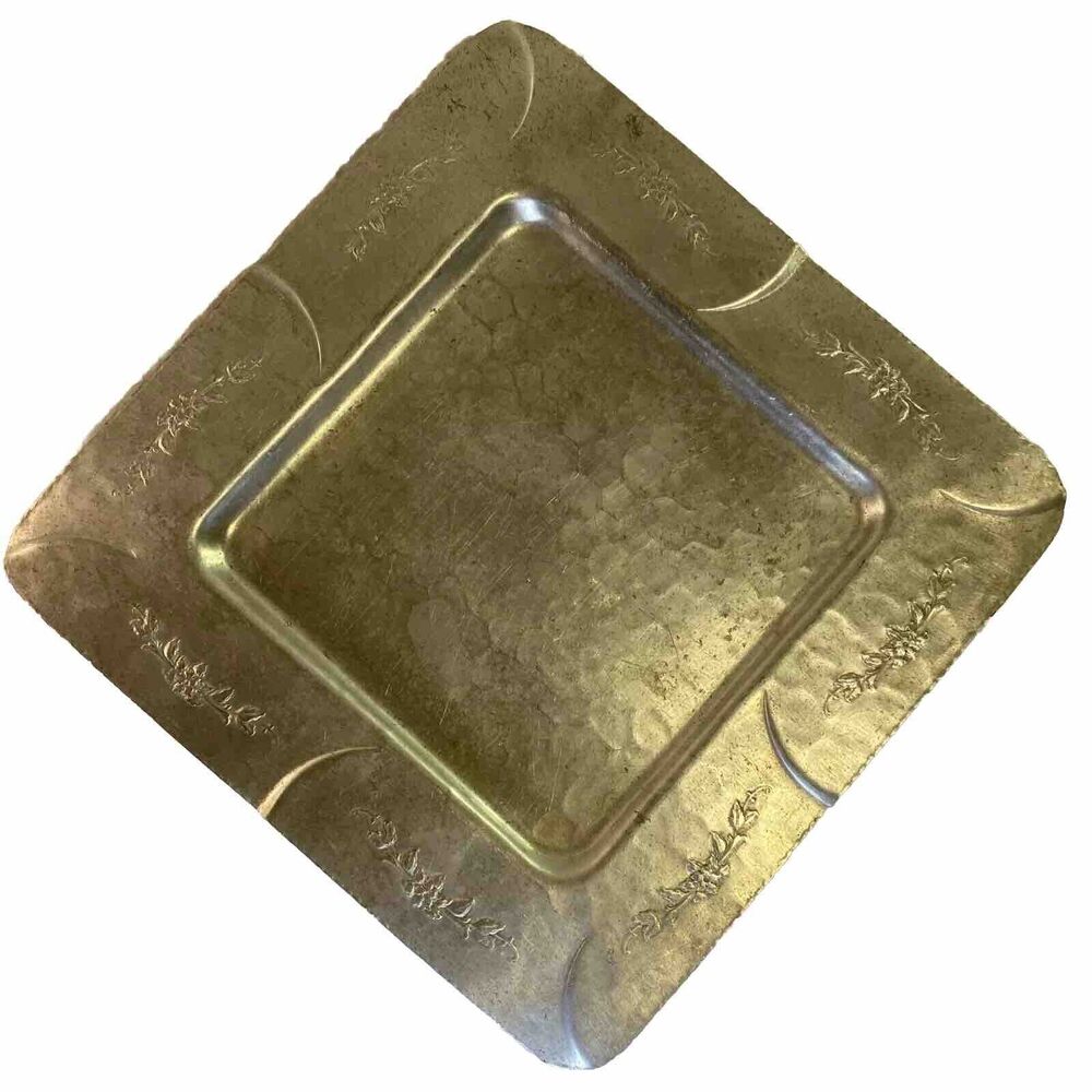 EMPC Hammered Aluminum Tray Square Intaglio Design 50s Floral Wall Hang 13" x13"
